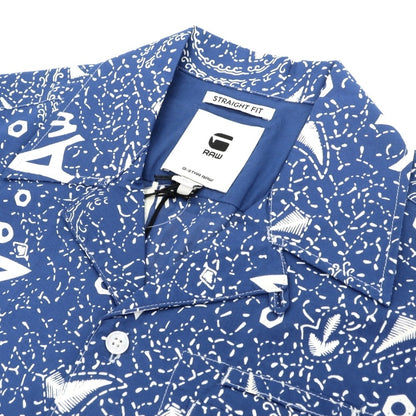 【新品】ジースターロウ G-STAR RAW コットン 総柄 プリント オープンカラー 半袖シャツ ブルーxホワイト【サイズXXS】【 状態ランクN 】【 メンズ 】