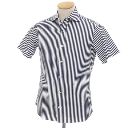 【中古】ビームスエフ BEAMS F コットン ストライプ ワイドカラー 半袖シャツ ネイビーxホワイト【サイズXS】【 状態ランクB 】【 メンズ 】