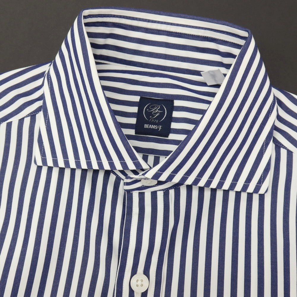 【中古】ビームスエフ BEAMS F コットン ストライプ ワイドカラー 半袖シャツ ネイビーxホワイト【サイズXS】【 状態ランクB 】【 メンズ 】