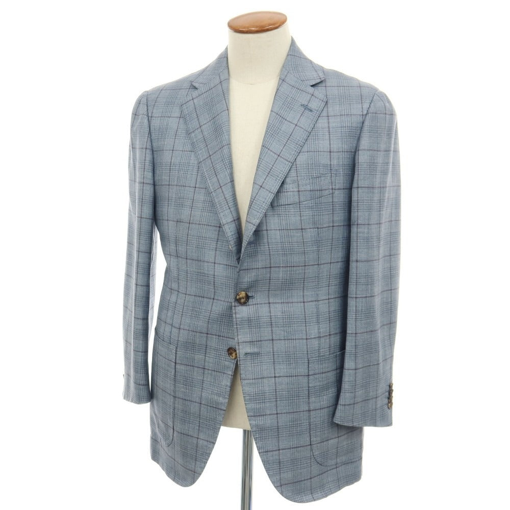 【中古】チェーザレ アットリーニ Cesare Attolini カシミヤシルク チェック 3B テーラードジャケット ライトブルーxパープル【サイズ48】【 状態ランクC 】【 メンズ 】