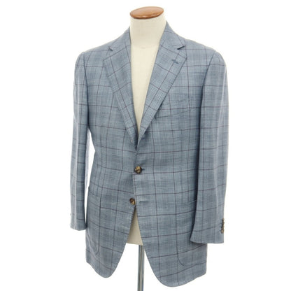 【中古】チェーザレ アットリーニ Cesare Attolini カシミヤシルク チェック 3B テーラードジャケット ライトブルーxパープル【サイズ48】【 状態ランクC 】【 メンズ 】