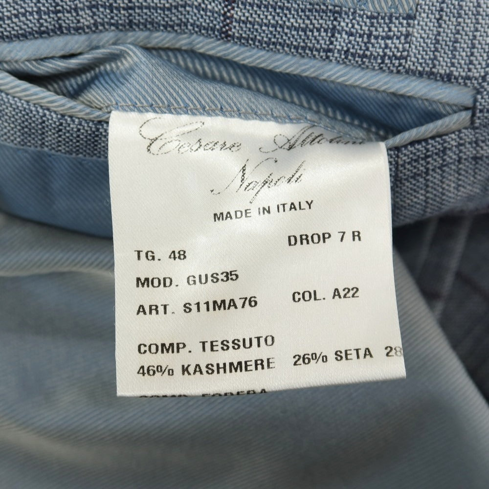 【中古】チェーザレ アットリーニ Cesare Attolini カシミヤシルク チェック 3B テーラードジャケット ライトブルーxパープル【サイズ48】【 状態ランクC 】【 メンズ 】
