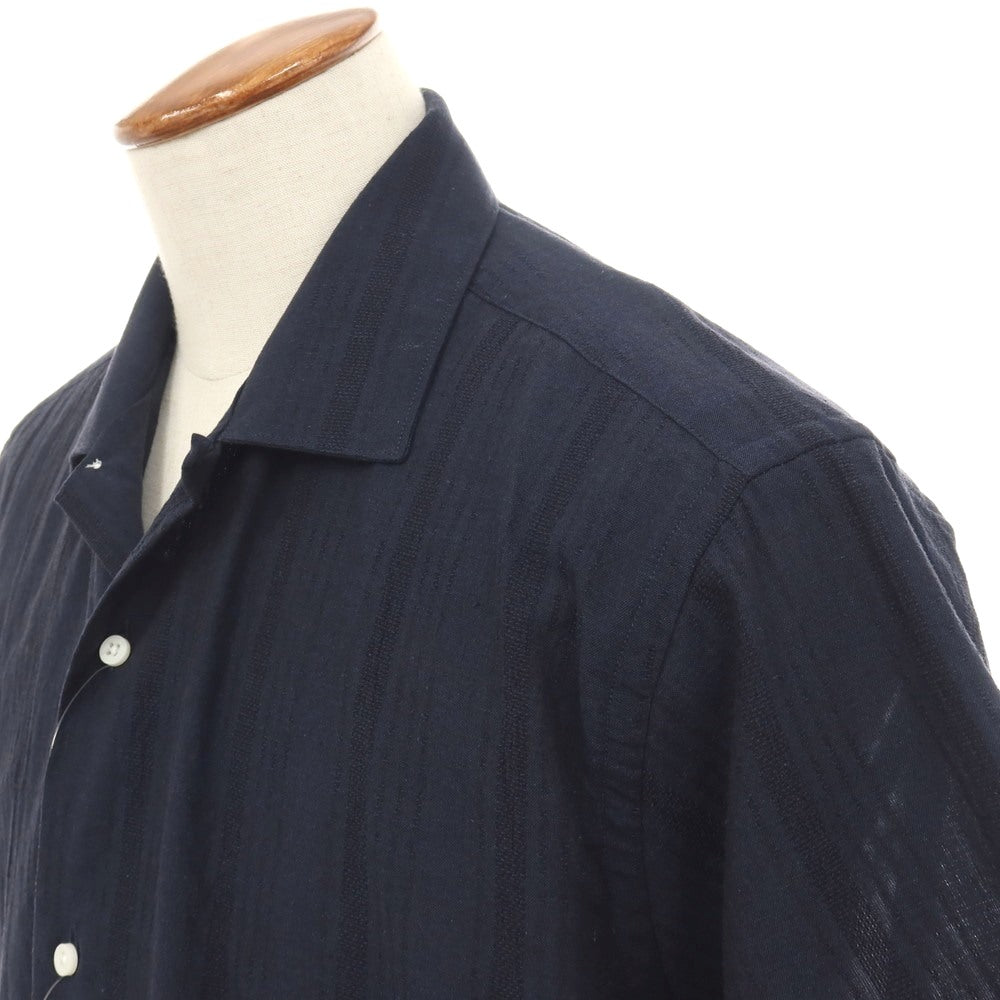 【中古】【未使用】ギットマンブラザーズフォーシップス GITMAN BROS. for SHIPS コットンリネン ストライプ オープンカラー 半袖シャツ ネイビー【サイズM】【 状態ランクS 】【 メンズ 】