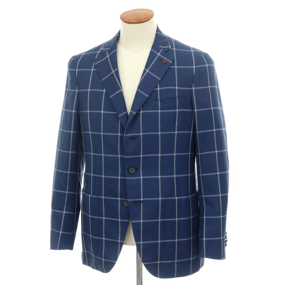 【中古】イザイア ISAIA SAILOR ウールリネン チェック 3B テーラードジャケット ネイビーxホワイト【サイズ46】【 状態ランクB 】【 メンズ 】