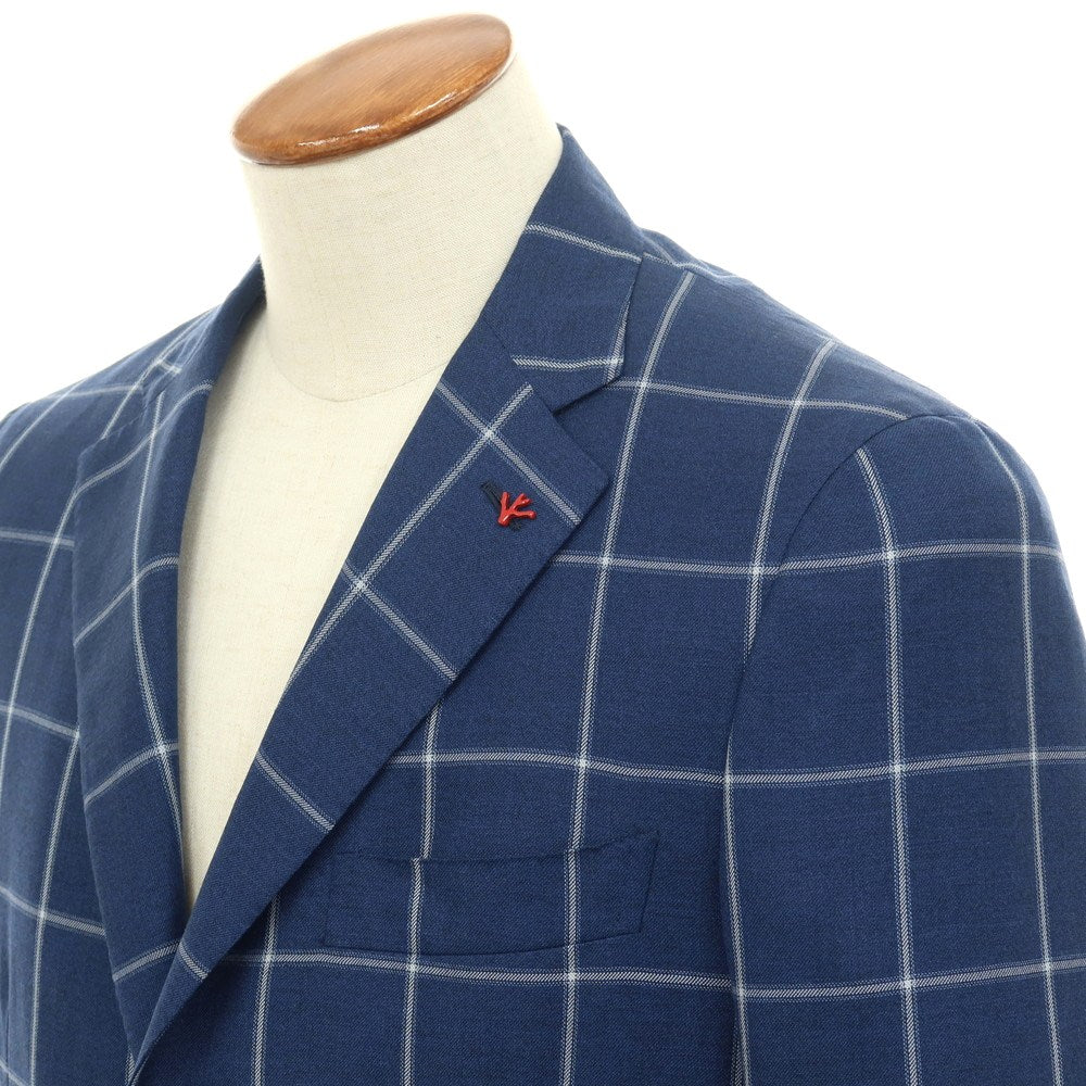 【中古】イザイア ISAIA SAILOR ウールリネン チェック 3B テーラードジャケット ネイビーxホワイト【サイズ46】【 状態ランクB 】【 メンズ 】