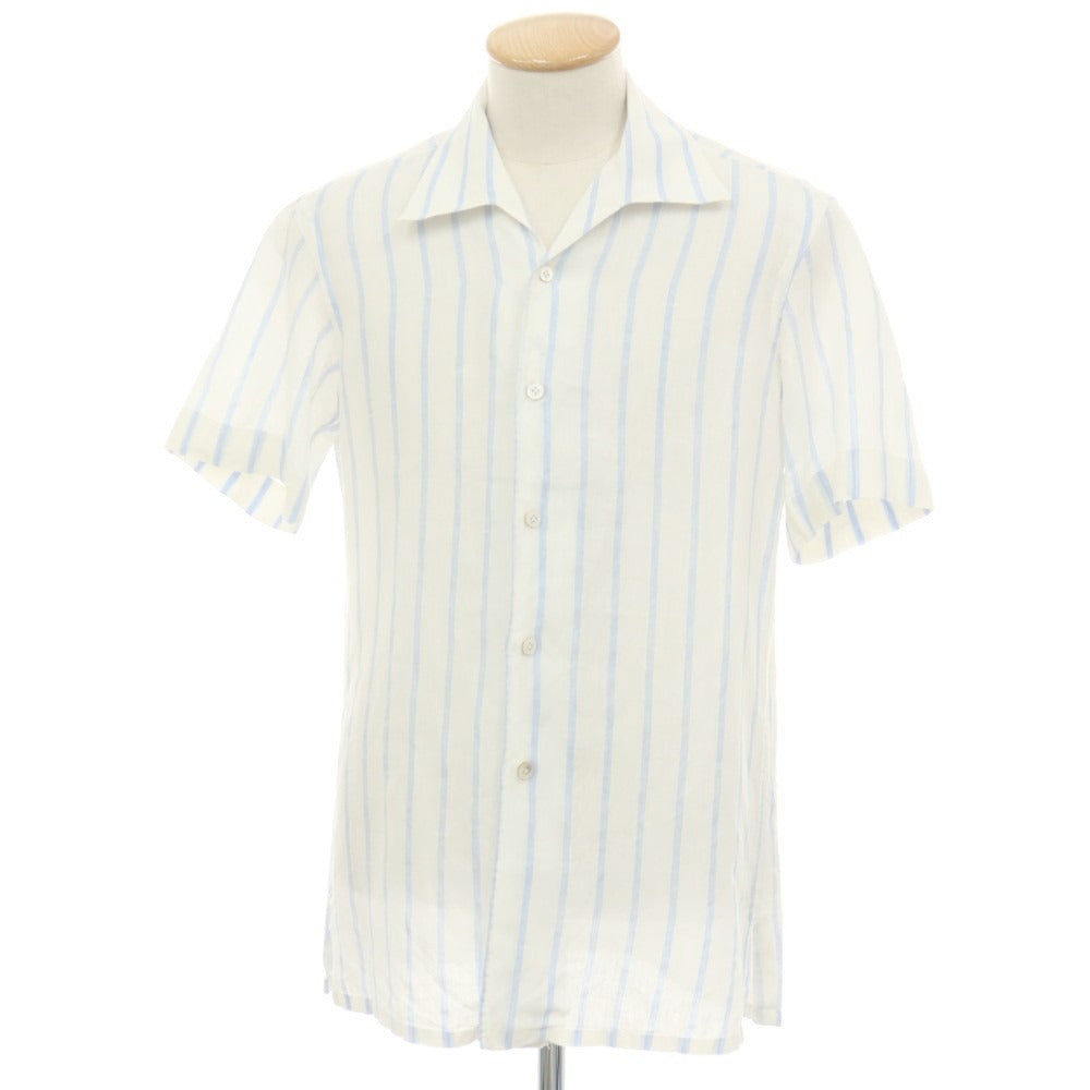 【中古】キートン Kiton リネン ストライプ オープンカラー 半袖シャツ ホワイトxブルー【サイズ38】【 状態ランクB 】【 メンズ 】