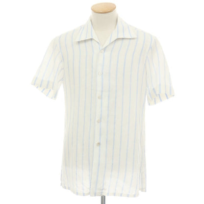 【中古】キートン Kiton リネン ストライプ オープンカラー 半袖シャツ ホワイトxブルー【サイズ38】【 状態ランクB 】【 メンズ 】