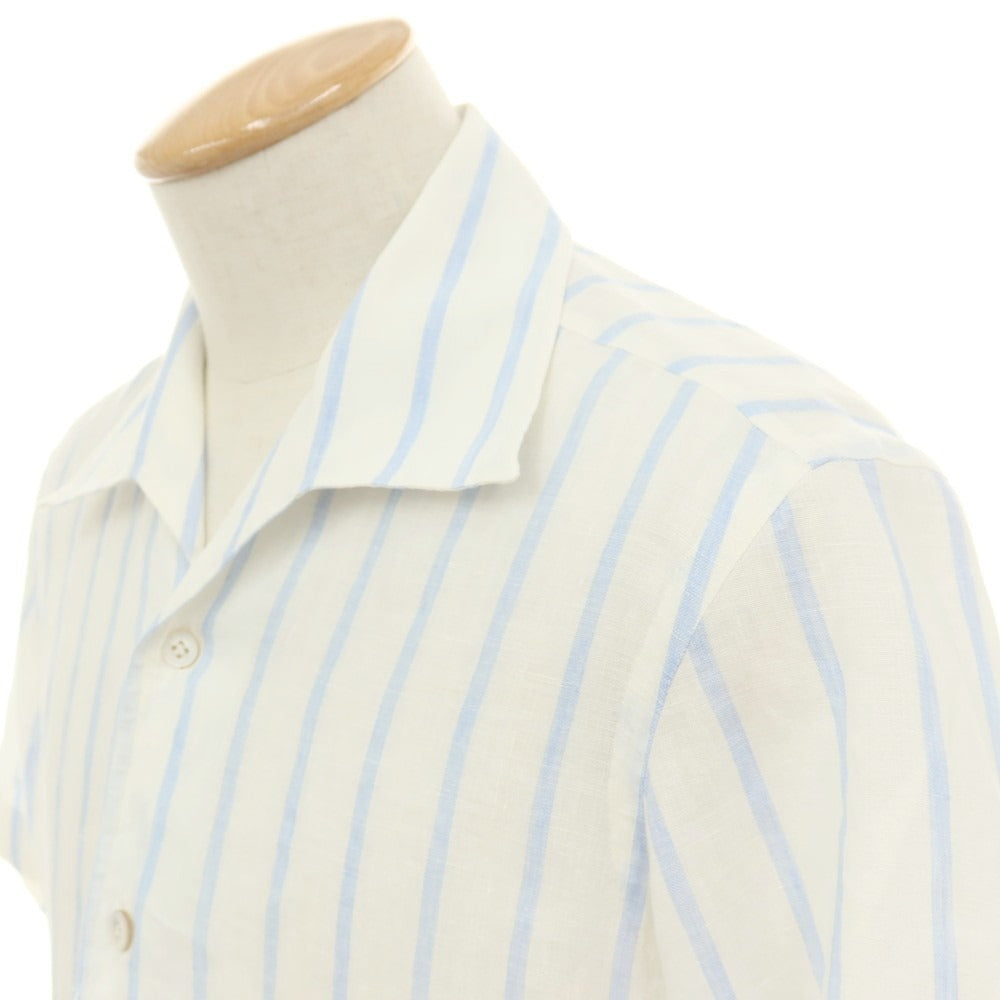 【中古】キートン Kiton リネン ストライプ オープンカラー 半袖シャツ ホワイトxブルー【サイズ38】【 状態ランクB 】【 メンズ 】