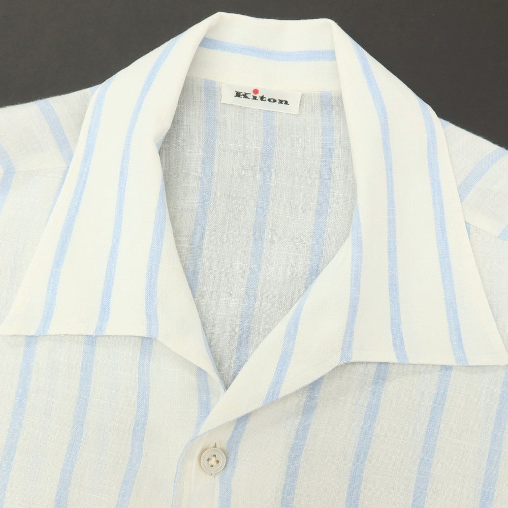 【中古】キートン Kiton リネン ストライプ オープンカラー 半袖シャツ ホワイトxブルー【サイズ38】【 状態ランクB 】【 メンズ 】