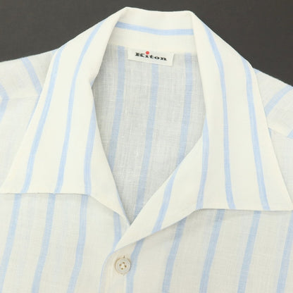 【中古】キートン Kiton リネン ストライプ オープンカラー 半袖シャツ ホワイトxブルー【サイズ38】【 状態ランクB 】【 メンズ 】
