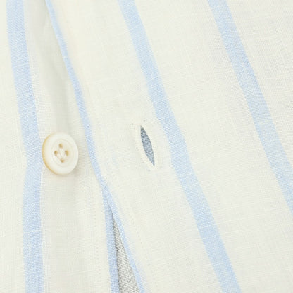 【中古】キートン Kiton リネン ストライプ オープンカラー 半袖シャツ ホワイトxブルー【サイズ38】【 状態ランクB 】【 メンズ 】