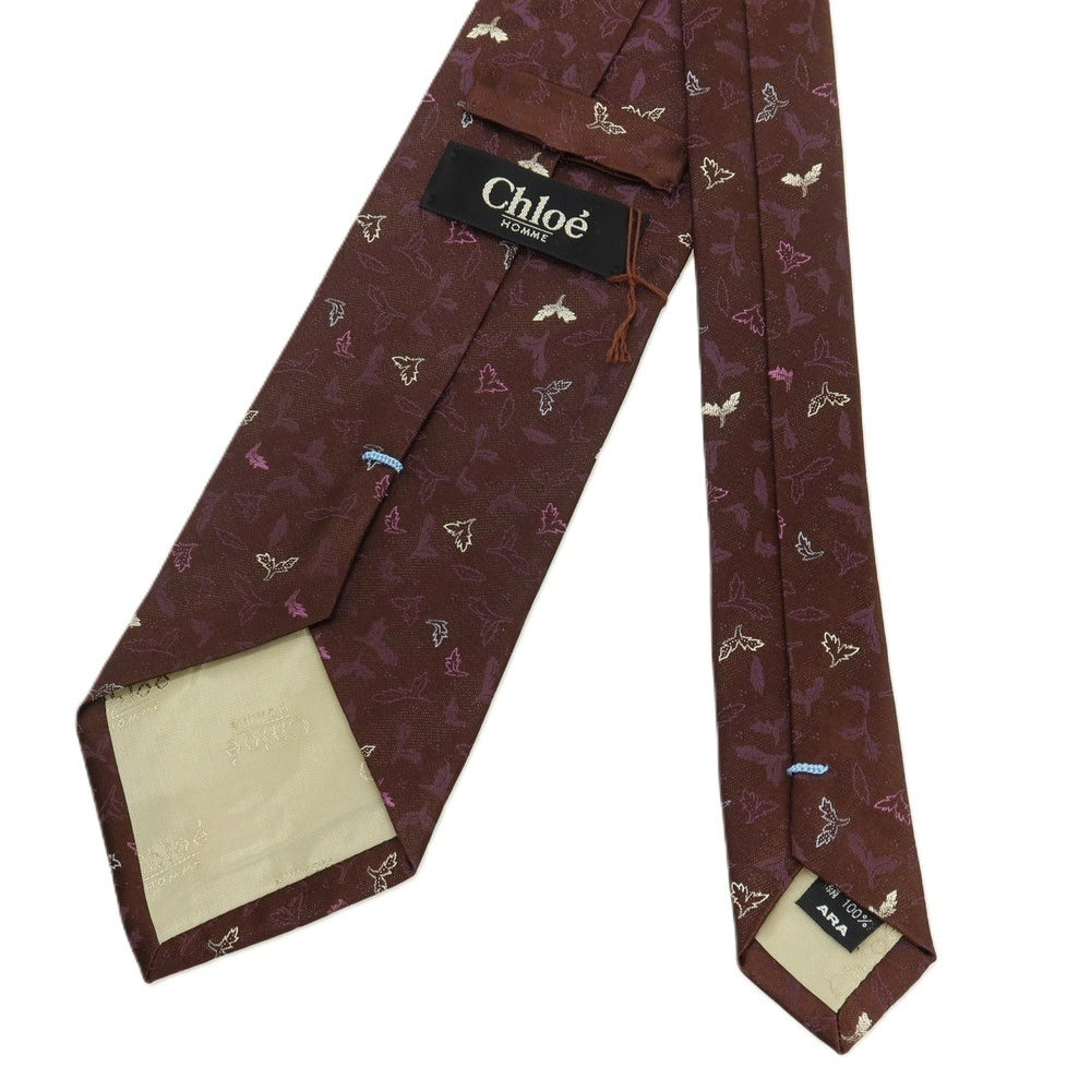 【中古】クロエ Chloe シルク リーフ柄 ネクタイ ブラウンxパープル【 状態ランクA 】【 メンズ 】
