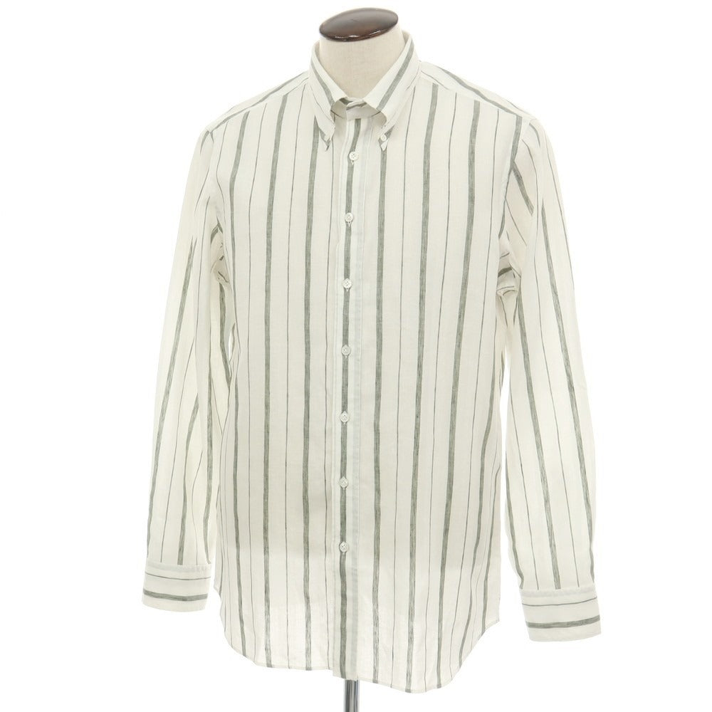 【中古】ラルディーニ LARDINI リネンコットン ストライプ ボタンダウン カジュアルシャツ ホワイトxダークオリーブ【サイズ42】【 状態ランクC 】【 メンズ 】