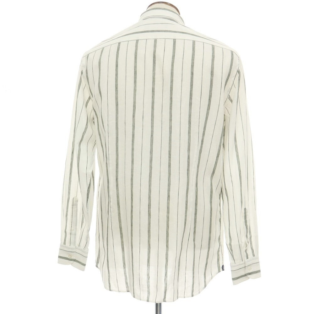【中古】ラルディーニ LARDINI リネンコットン ストライプ ボタンダウン カジュアルシャツ ホワイトxダークオリーブ【サイズ42】【 状態ランクC 】【 メンズ 】