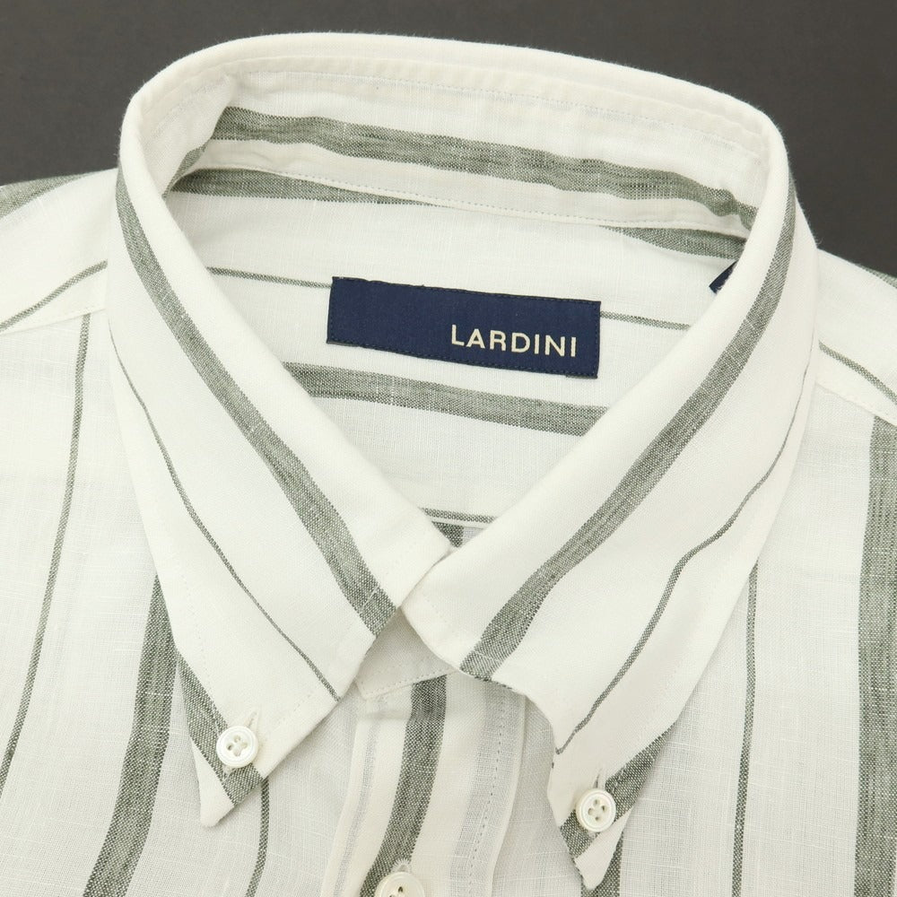 【中古】ラルディーニ LARDINI リネンコットン ストライプ ボタンダウン カジュアルシャツ ホワイトxダークオリーブ【サイズ42】【 状態ランクC 】【 メンズ 】