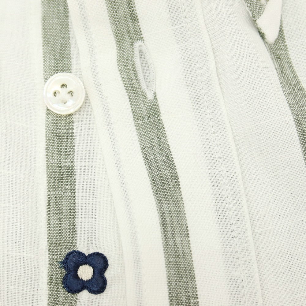 【中古】ラルディーニ LARDINI リネンコットン ストライプ ボタンダウン カジュアルシャツ ホワイトxダークオリーブ【サイズ42】【 状態ランクC 】【 メンズ 】