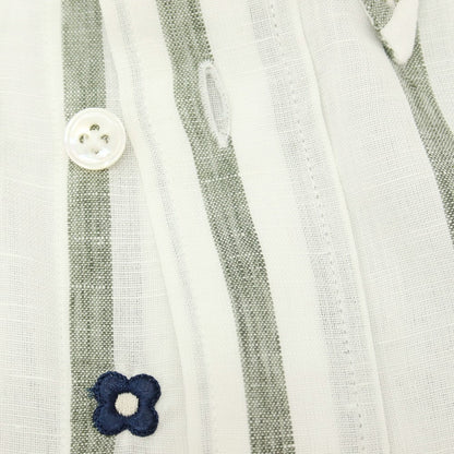 【中古】ラルディーニ LARDINI リネンコットン ストライプ ボタンダウン カジュアルシャツ ホワイトxダークオリーブ【サイズ42】【 状態ランクC 】【 メンズ 】
