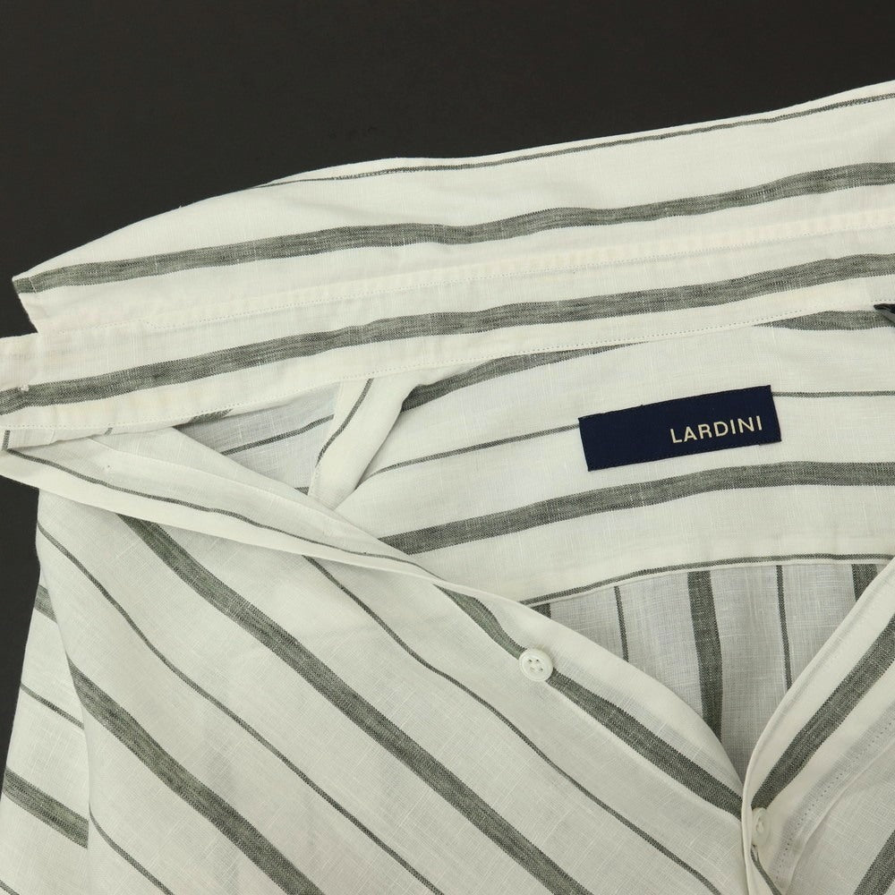 【中古】ラルディーニ LARDINI リネンコットン ストライプ ボタンダウン カジュアルシャツ ホワイトxダークオリーブ【サイズ42】【 状態ランクC 】【 メンズ 】