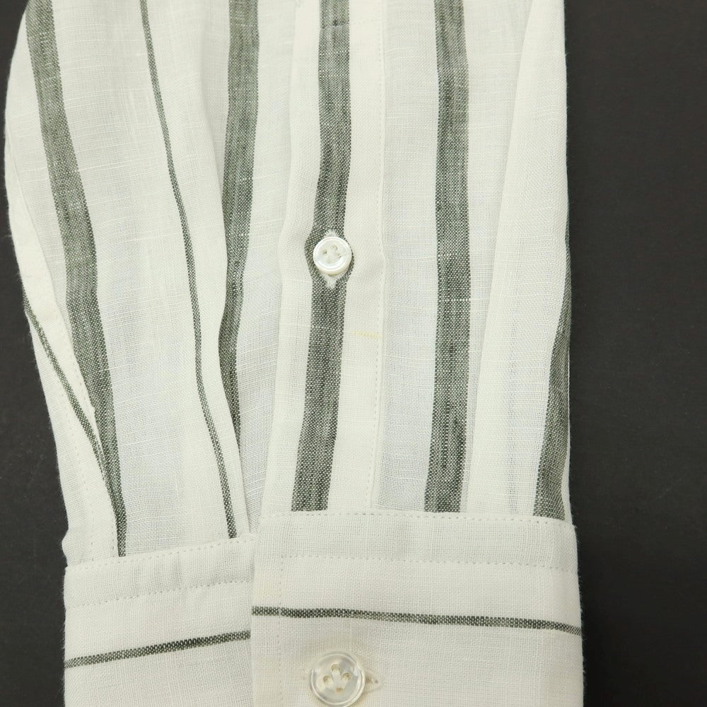 【中古】ラルディーニ LARDINI リネンコットン ストライプ ボタンダウン カジュアルシャツ ホワイトxダークオリーブ【サイズ42】【 状態ランクC 】【 メンズ 】