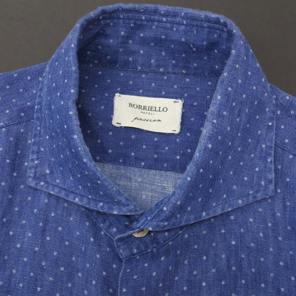【中古】ボリエッロ BORRIELLO リネン ドット ホリゾンタルカラー カジュアルシャツ ダークブルーxホワイト【サイズ42】【 状態ランクC 】【 メンズ 】