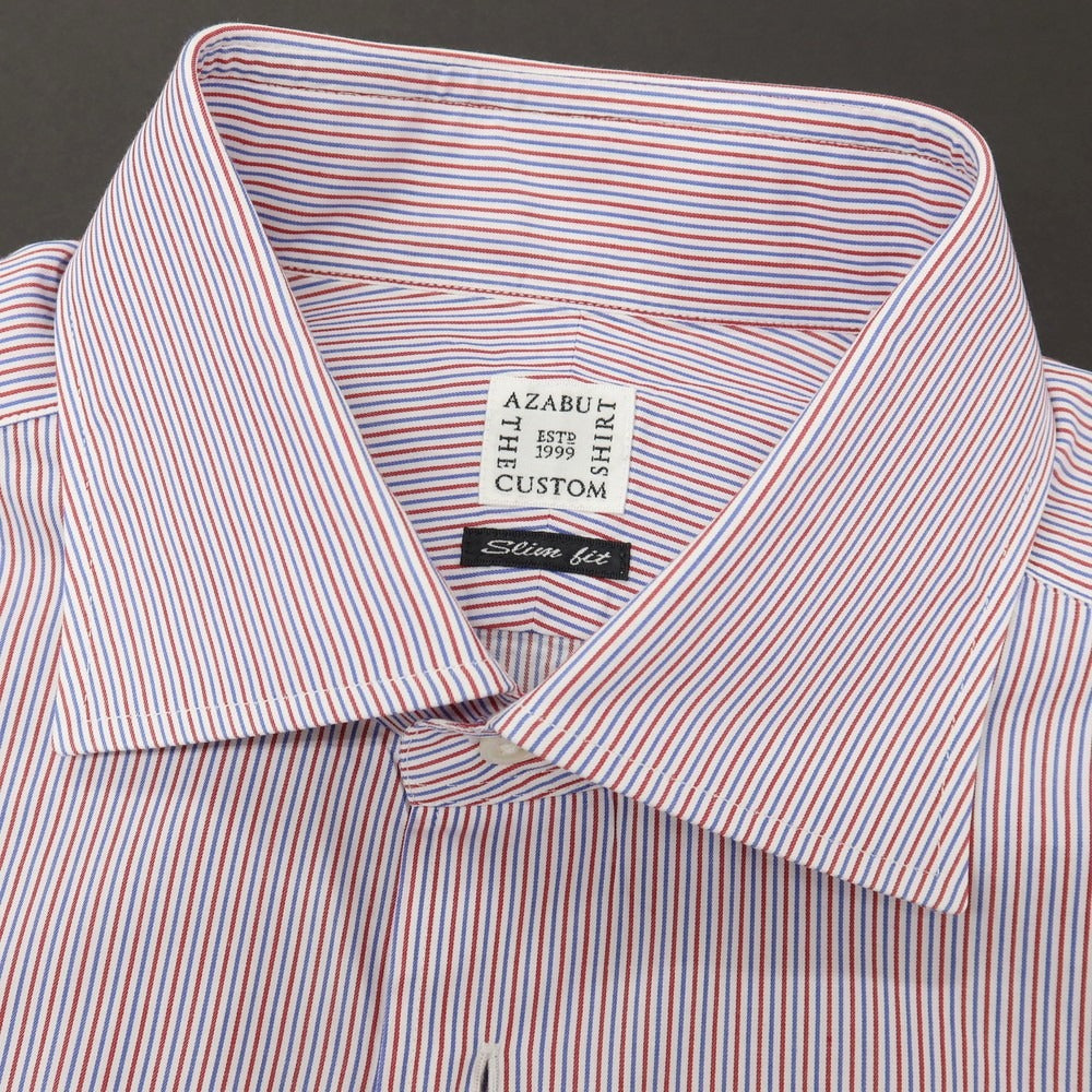 【中古】アザブテーラー azabu tailor コットン ストライプ セミワイドカラー ドレスシャツ レッドxブルー【サイズ41】【 状態ランクB 】【 メンズ 】