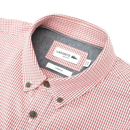 【中古】ラコステ LACOSTE コットンポリウレタン チェック ボタンダウン カジュアルシャツ レッドxホワイト【サイズFR 40】【 状態ランクB 】【 メンズ 】