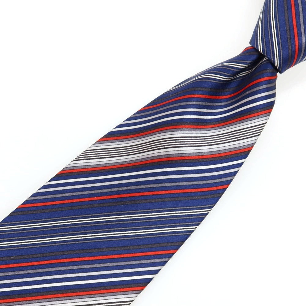 【中古】ジリー ZILLI シルク サテン プリント ストライプ柄ネクタイ ネイビーxレッド【 状態ランクC 】【 メンズ 】