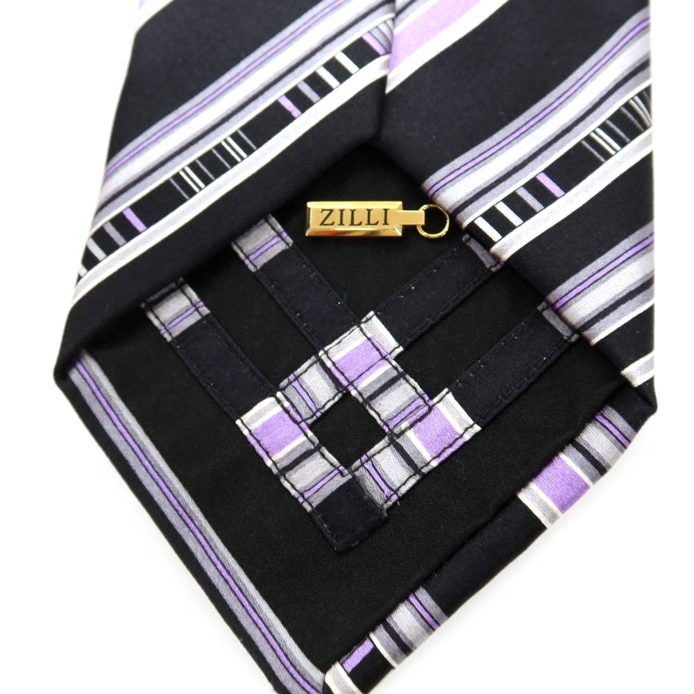 【中古】ジリー ZILLI シルク サテン プリント ストライプ柄ネクタイ ブラックxパープル【 状態ランクC 】【 メンズ 】