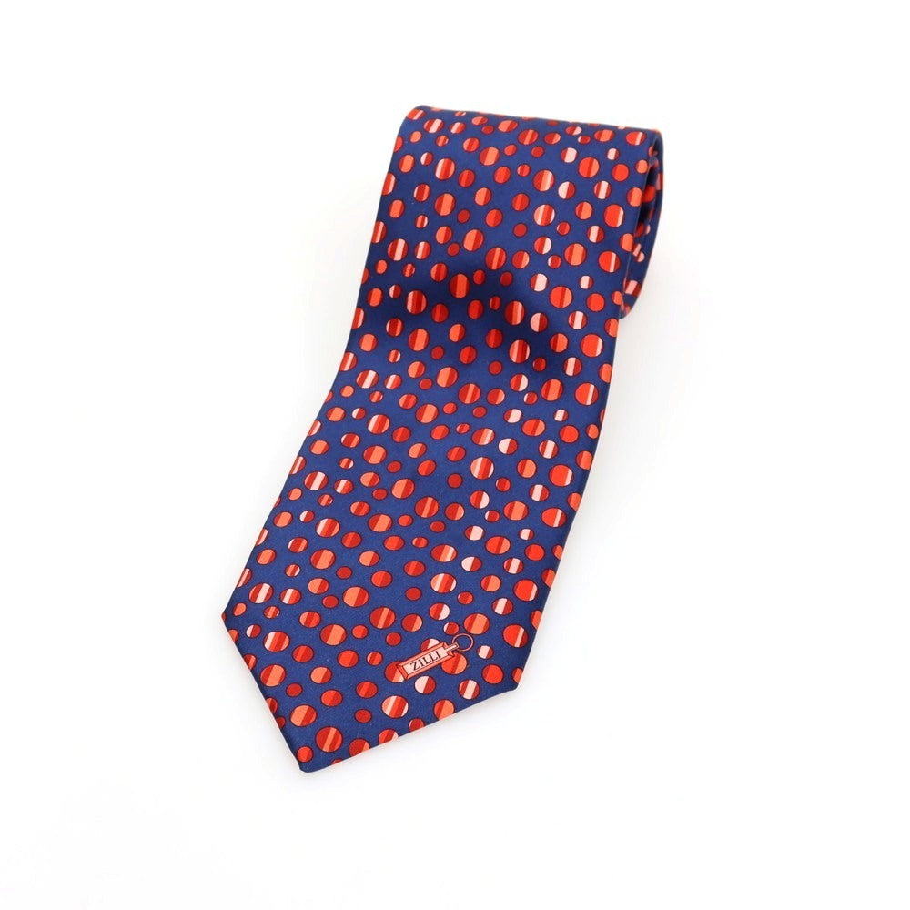 【中古】ジリー ZILLI シルク サテン プリント ランダムドット柄ネクタイ ネイビーxレッド【 状態ランクB 】【 メンズ 】