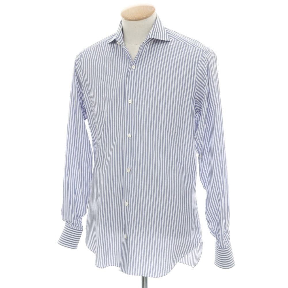 【中古】バルバ BARBA コットン ワイドカラー ストライプ ドレスシャツ ライトネイビーxホワイト【サイズ38】【 状態ランクB 】【 メンズ 】