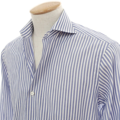 【中古】バルバ BARBA コットン ワイドカラー ストライプ ドレスシャツ ライトネイビーxホワイト【サイズ38】【 状態ランクB 】【 メンズ 】