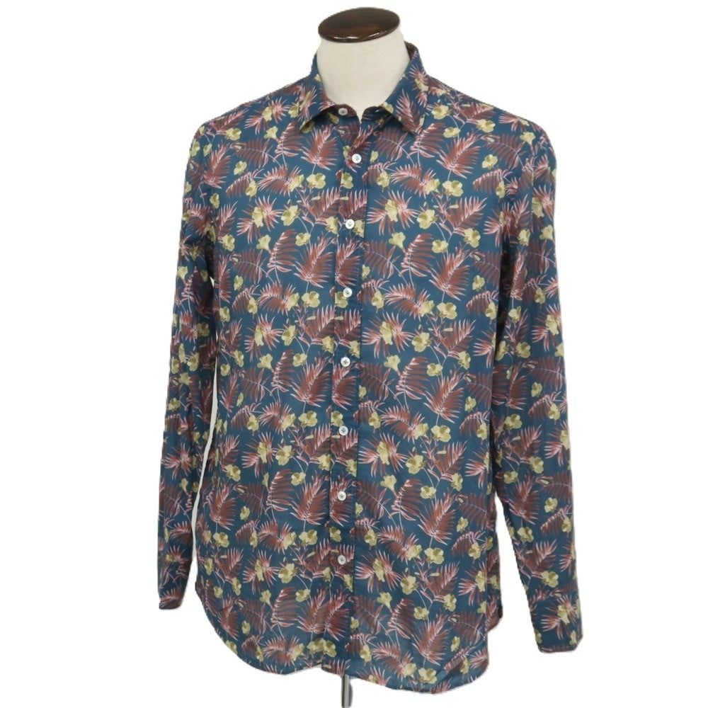 【中古】ラルディーニ LARDINI コットン ボタニカル柄 プリント レギュラーカラー カジュアルシャツ ダークブルーグリーンxピンク系【サイズ42】【 状態ランクB 】【 メンズ 】