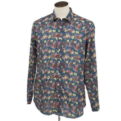 【中古】ラルディーニ LARDINI コットン ボタニカル柄 プリント レギュラーカラー カジュアルシャツ ダークブルーグリーンxピンク系【サイズ42】【 状態ランクB 】【 メンズ 】