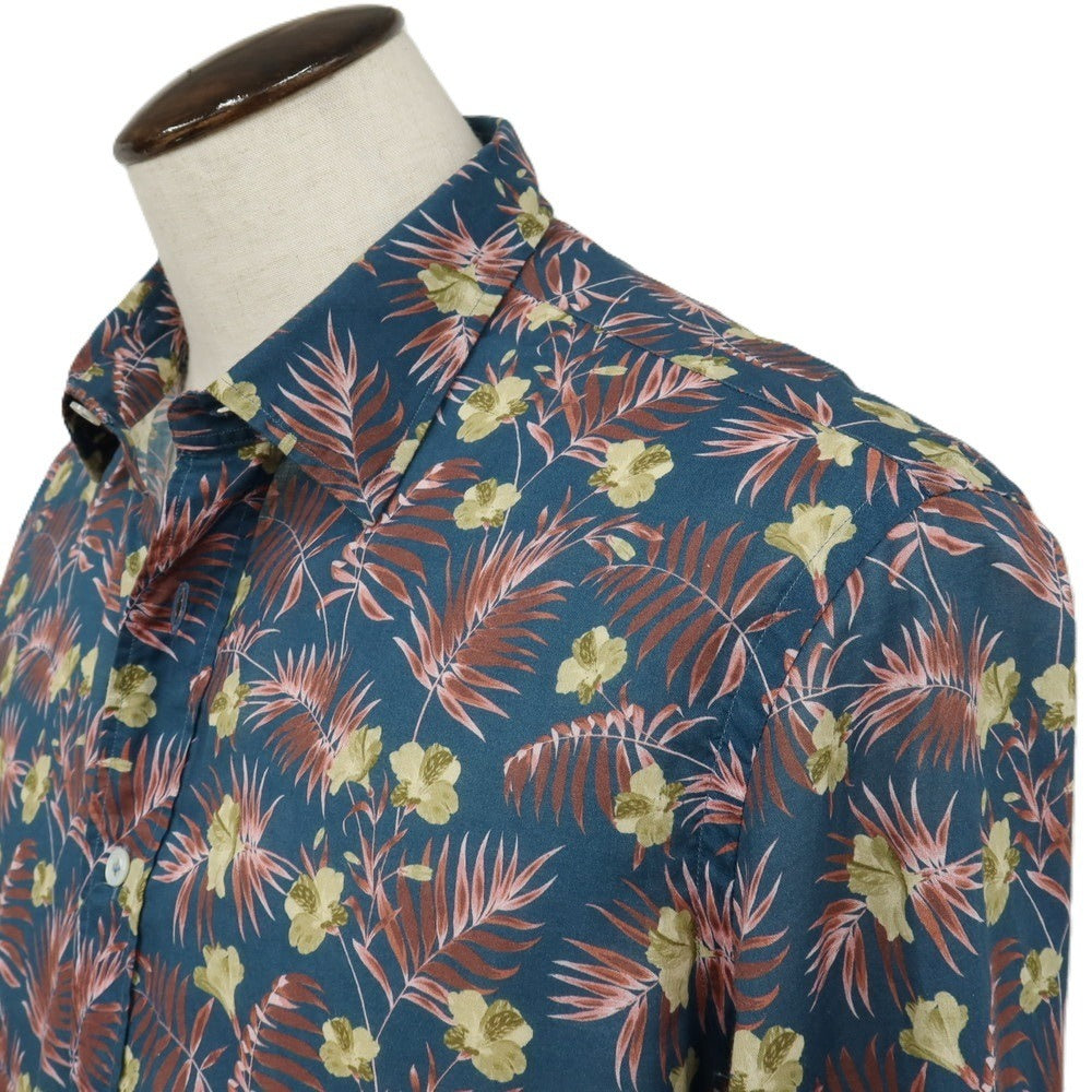 【中古】ラルディーニ LARDINI コットン ボタニカル柄 プリント レギュラーカラー カジュアルシャツ ダークブルーグリーンxピンク系【サイズ42】【 状態ランクB 】【 メンズ 】