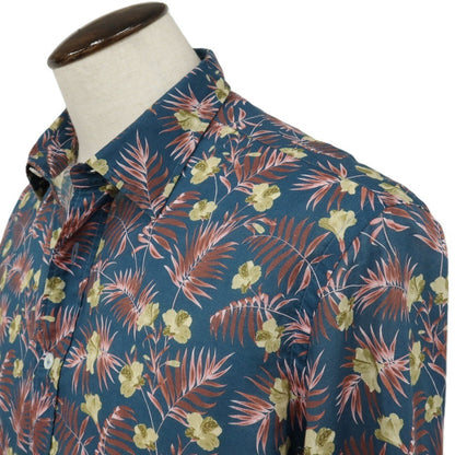 【中古】ラルディーニ LARDINI コットン ボタニカル柄 プリント レギュラーカラー カジュアルシャツ ダークブルーグリーンxピンク系【サイズ42】【 状態ランクB 】【 メンズ 】