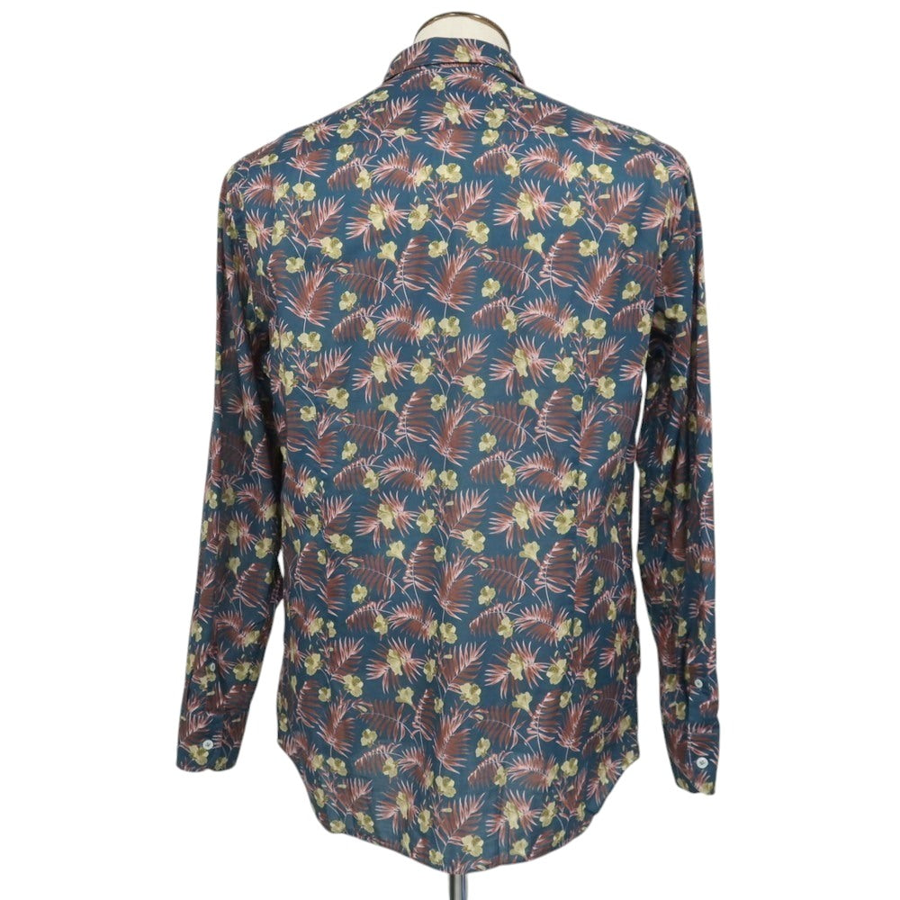 【中古】ラルディーニ LARDINI コットン ボタニカル柄 プリント レギュラーカラー カジュアルシャツ ダークブルーグリーンxピンク系【サイズ42】【 状態ランクB 】【 メンズ 】