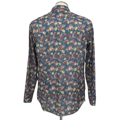 【中古】ラルディーニ LARDINI コットン ボタニカル柄 プリント レギュラーカラー カジュアルシャツ ダークブルーグリーンxピンク系【サイズ42】【 状態ランクB 】【 メンズ 】