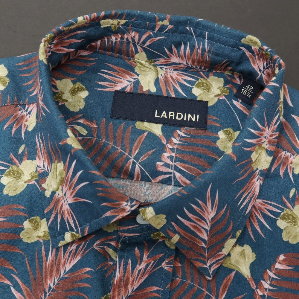 【中古】ラルディーニ LARDINI コットン ボタニカル柄 プリント レギュラーカラー カジュアルシャツ ダークブルーグリーンxピンク系【サイズ42】【 状態ランクB 】【 メンズ 】