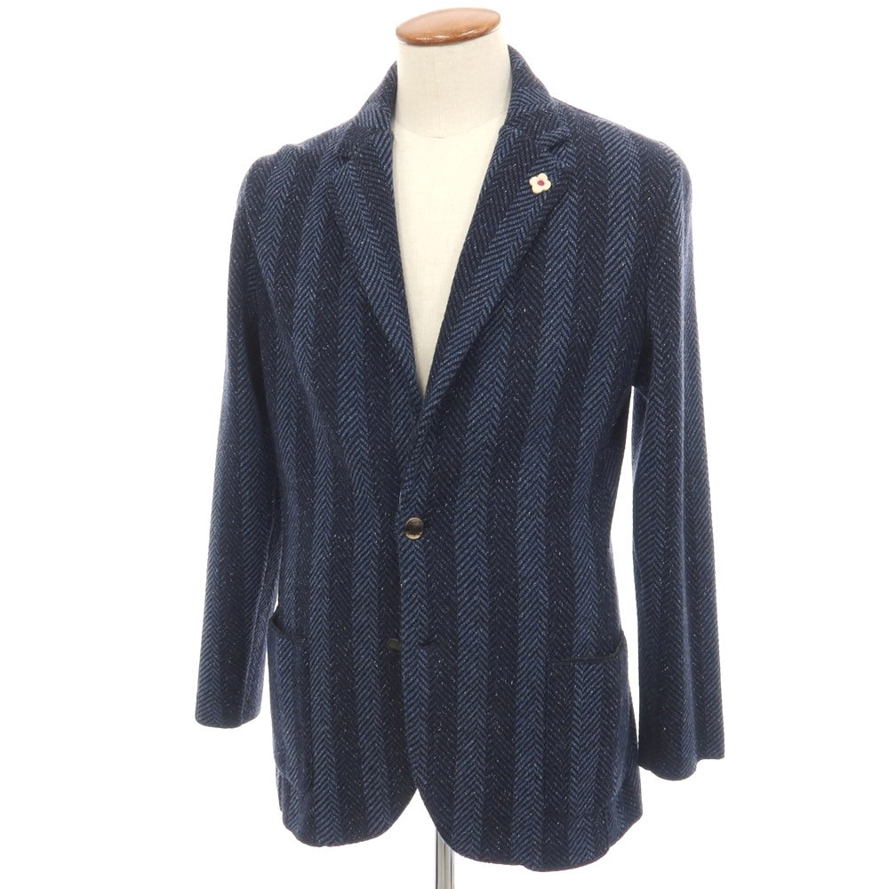 【中古】ラルディーニ LARDINI ウールナイロンシルクヘリンボーン ストライプ 2B ニットジャケット ネイビーxブルー【サイズM】【 状態ランクB 】【 メンズ 】