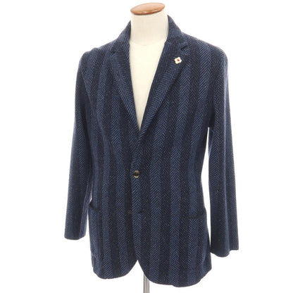 【中古】ラルディーニ LARDINI ウールナイロンシルクヘリンボーン ストライプ 2B ニットジャケット ネイビーxブルー【サイズM】【 状態ランクB 】【 メンズ 】