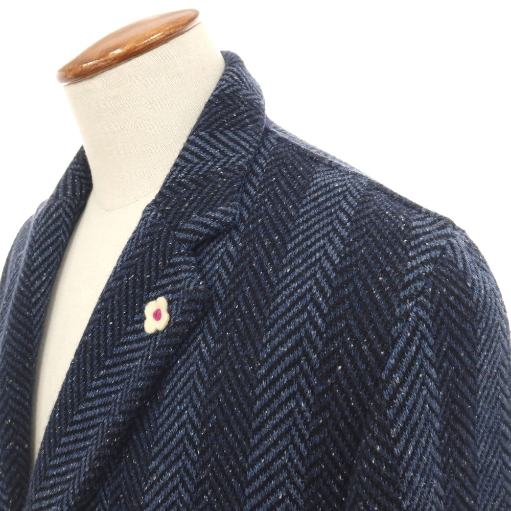 【中古】ラルディーニ LARDINI ウールナイロンシルクヘリンボーン ストライプ 2B ニットジャケット ネイビーxブルー【サイズM】【 状態ランクB 】【 メンズ 】