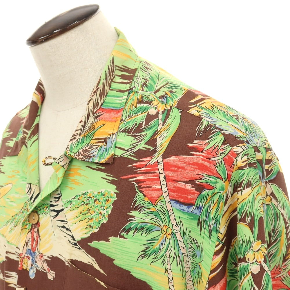 【中古】ポロ ラルフローレン Polo Ralph Lauren CALDWELL レーヨン 総柄プリント オープンカラー 半袖シャツ ライトグリーンxブラウン【サイズLL】【 状態ランクC 】【 メンズ 】