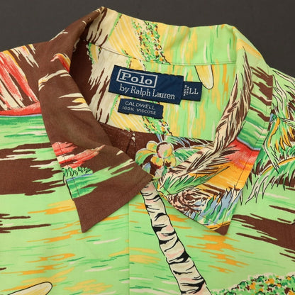 【中古】ポロ ラルフローレン Polo Ralph Lauren CALDWELL レーヨン 総柄プリント オープンカラー 半袖シャツ ライトグリーンxブラウン【サイズLL】【 状態ランクC 】【 メンズ 】