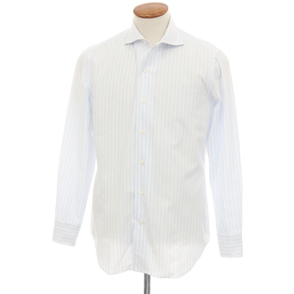 【中古】メイカーズシャツ カマクラ Makers Shirt 鎌倉 コットン ストライプ ワンピースカラー ドレスシャツ ホワイトxブルー【サイズ39】【 状態ランクC 】【 メンズ 】