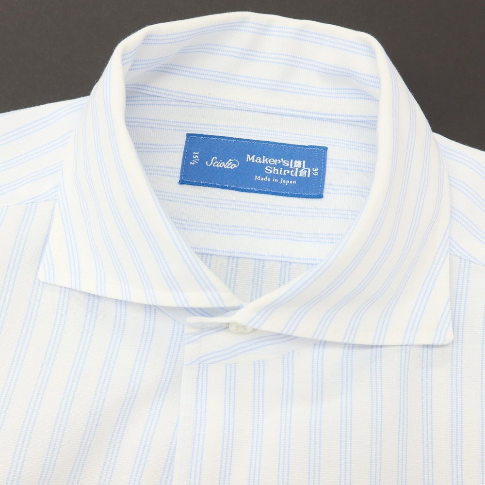 【中古】メイカーズシャツ カマクラ Makers Shirt 鎌倉 コットン ストライプ ワンピースカラー ドレスシャツ ホワイトxブルー【サイズ39】【 状態ランクC 】【 メンズ 】