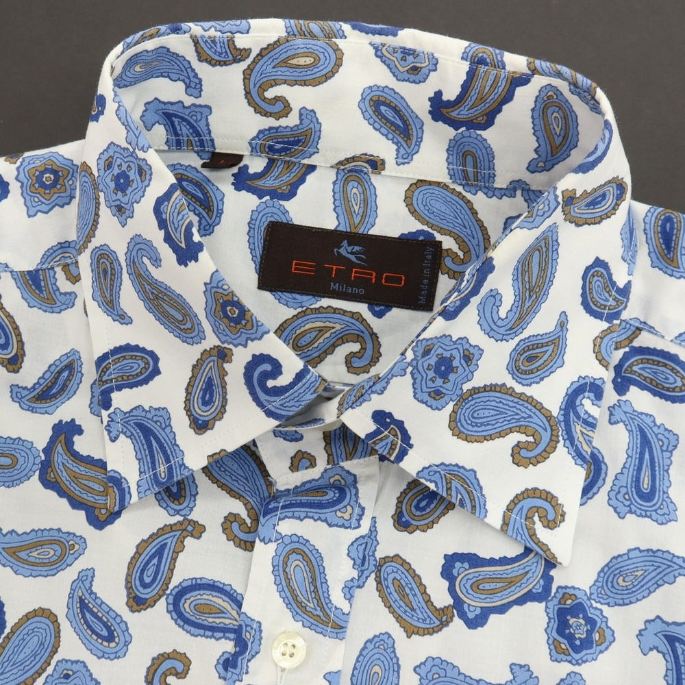 【中古】エトロ ETRO コットン ペイズリー プリント レギュラーカラー カジュアルシャツ ホワイトxブルー【サイズL】【 状態ランクC 】【 メンズ 】