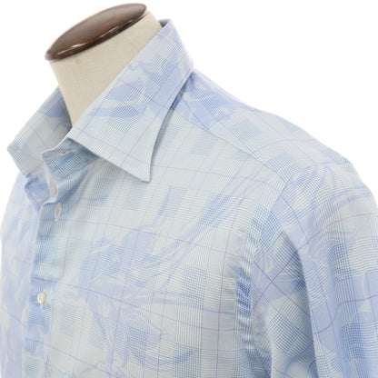 【中古】エトロ ETRO コットン チェック＆花柄 プリント レギュラーカラー カジュアルシャツ ライトブルー【サイズ41】【 状態ランクB 】【 メンズ 】