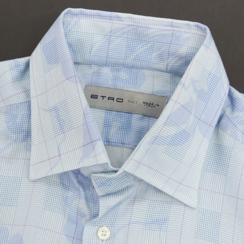 【中古】エトロ ETRO コットン チェック＆花柄 プリント レギュラーカラー カジュアルシャツ ライトブルー【サイズ41】【 状態ランクB 】【 メンズ 】