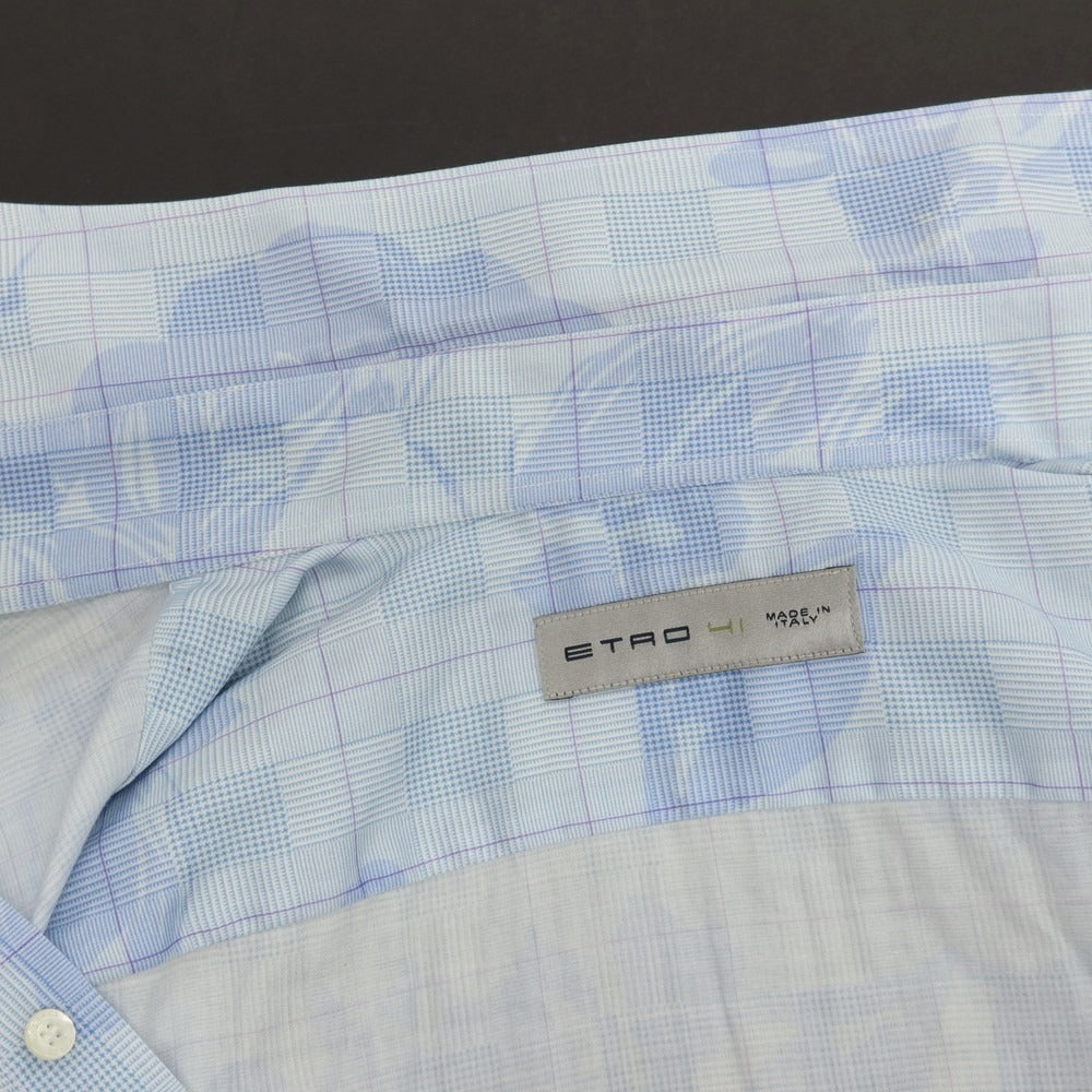 【中古】エトロ ETRO コットン チェック＆花柄 プリント レギュラーカラー カジュアルシャツ ライトブルー【サイズ41】【 状態ランクB 】【 メンズ 】