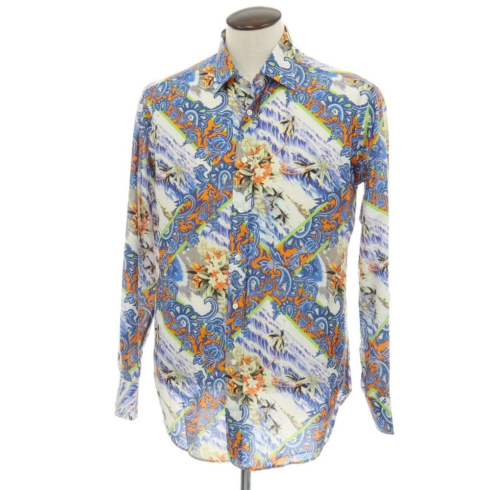 【中古】エトロ ETRO コットンシルク ミックス柄 プリント レギュラーカラー カジュアルシャツ ブルー系【サイズL】【 状態ランクB 】【 メンズ 】